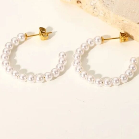 Pearl 18K Gold Stainless Steel Waterproof Hoop Earrings - Picture 1 of 11